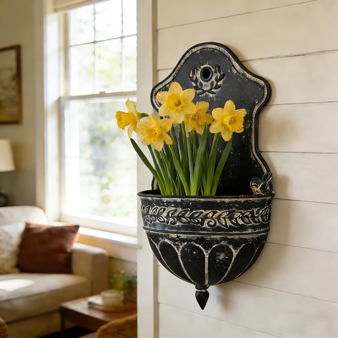 Vintage Distressed Black Metal Wall Planter, Rustic Hanging Pocket Planter with Scrollwork & Scalloped Design, Farmhouse Wall Decor for Indoor & Covered Outdoor Garden, Porch & Entryway