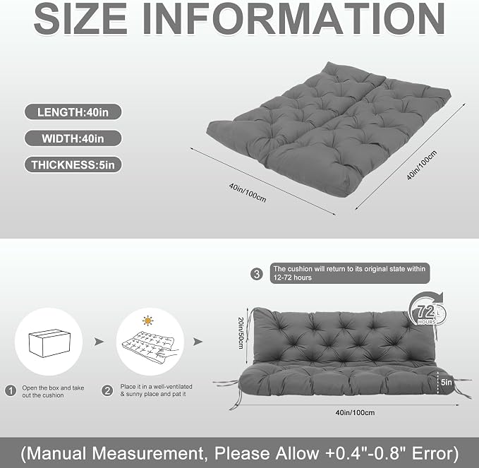 Porch Swing Cushions 40 inch Waterproof & Fade Resistant Thicken 5" Outdoor Swing Cushions 2 Seater Replacement with Backrest & Ties Patio Swing Cushions for Outdoor Furniture (Dark Gray)