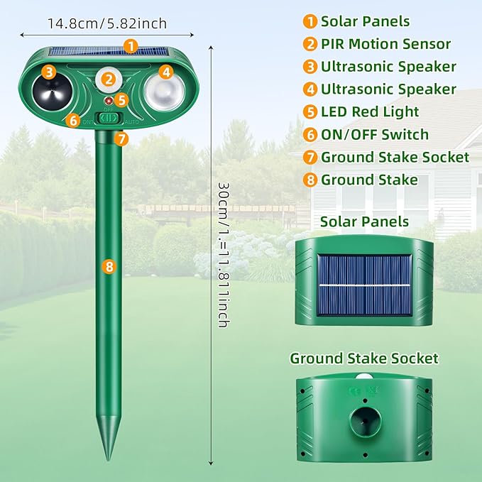 4 Pack Solar Ultrasonic Animal Repeller Outdoor, Cat Deterrent & Deer Repellent Device, Waterproof Squirrel Rabbit Control Deterrent with Motion Sensor & LED Waterproof Cat Deterrent for Garden Yard