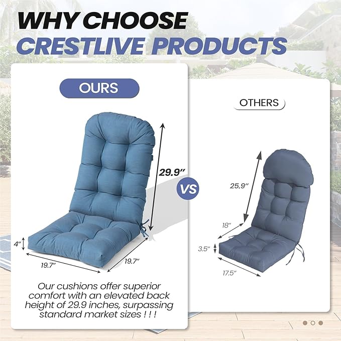 Crestlive 50x20x4 Inch Sunbrella Adirondack Chair Cushion Outdoor Chair Cushions Water Resistant High Back Patio Cushions Set of 2 Thick Replacement Cushions Denim Blue