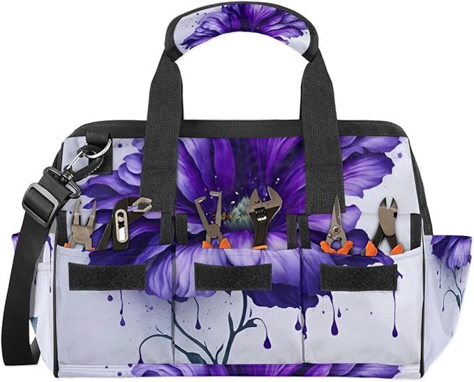 15 Inch Tool Bag 14-Pockets Tool Box Organizer for Men Big Floral Purple Tool Tote Bag Waterproof Toolbox with Shoulder Strap Heavy Duty Garden Tool Organizer for Mechanic