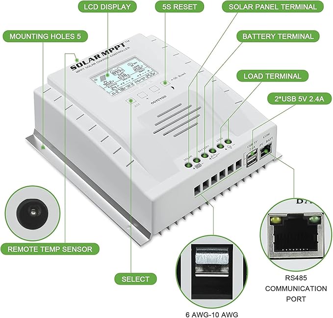 MPPT Charge Controller 60 amp, 12V 24V Auto 60A Solar Panel Charge Regulator, Max 100V Input with LCD Display for Lead-Acid Sealed Gel AGM Flooded Lithium Battery