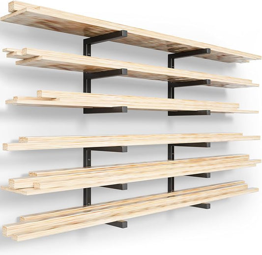YYR Wood Organizer and Lumber Storage Rack Wall Mount, Heavy Duty Metal Shelf with 6-Level Holds Up 1200 LBS, Indoor & Outdoor Use - Black
