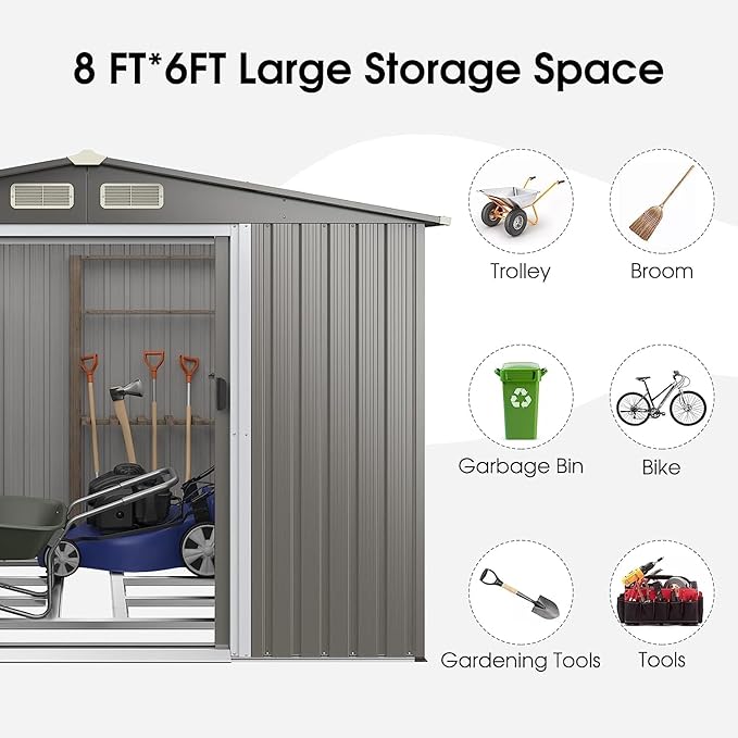 Goplus 8.5' x 6.8' x 6' Outdoor Storage Shed, Weather-Resistant Utility Storage House w/Foundation, 4 Air Vents, Double Doors & Ramp, Galvanized Steel Tool Shed for Garden, Lawn, Patio, Yard