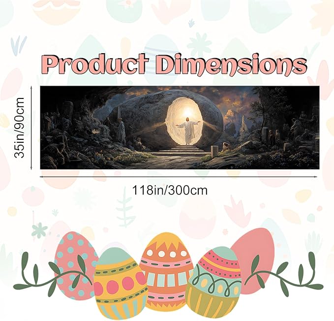 Christian Easter Resurrection Fence Banner 118 x 35 Inch, Large Waterproof Outdoor Religious Banner with Empty Tomb Scene for Yard Church Fence Decorations