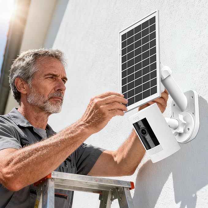 Solar Panel and 2-in-1 Wall Mount for Ring Cam, 6W Solar Charger Compatible with R-ing Spotlight Pro/Plus & Stick Up Cam Battery Models, Weatherproof Cable with USB-C and Ring Barrel Plug