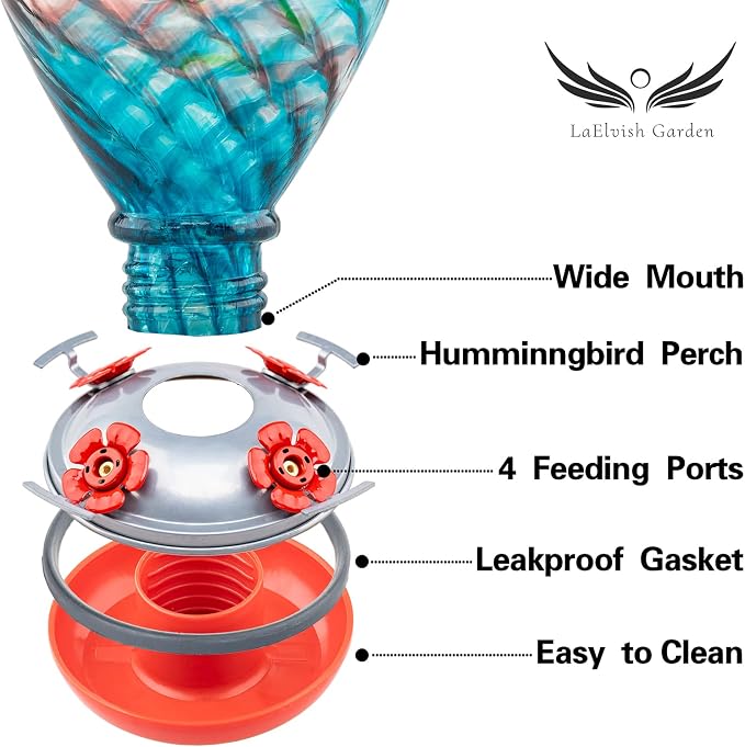 Hummingbird Feeders, 34OZ Hand Blown Glass Hummingbird Feeder for Outdoors Hanging with Ant MoatHooks, Perfect for Gardening Yard Patio Decor Gifts (Multi-Mermaid) | LaElvish Garden Hummingbird Feeders, 34OZ Hand Blown Glass Hummingbird Feeder for Outd...