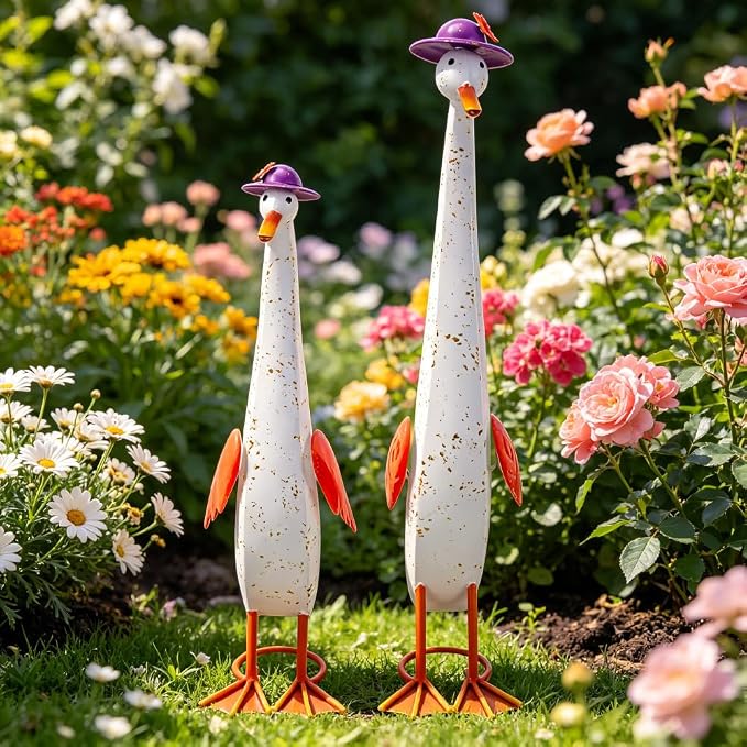 22" Duck Garden Statue Set of 2 Metal Ducks | Outdoor Decor Porch Animal Figurine Yard Art Sculptures Rustproof Lawn Ornament for Outside Patio Backyard Decorations