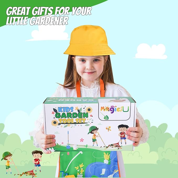 Magic4U Kids Gardening Tools Set, 22 Pcs Metal Garden Tools Toys with Apron, Gloves, Wood Handle Shovel, Rake, Hoe and Leaf Rake, Outdoor Digging Toys Gifts for Kids Age 3+