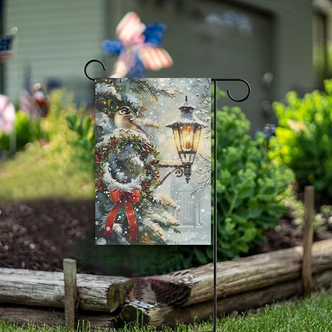 Pfrewn Christmas Winter Garden Flag 12x18 Double Sided Bird Lamp Berry Wreath Snowy House Yard Flags Welcome Winter Outdoor Indoor Banner for Party Home Merry Christmas Xmas Decorations