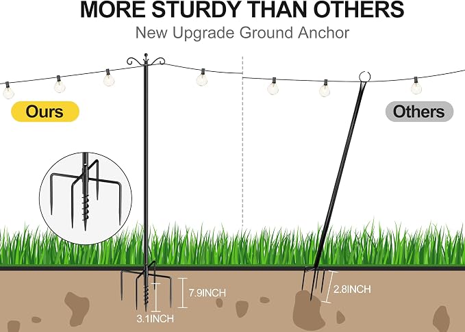 Flanagan String Light Poles 2-Pack,9FT Poles for Outdoor String Lights,Adjustable Metal Light Pole Stand, Light Poles with Hooks & 5-Prong Spiral Sturdy Anchor for Garden, Weddings and Parties