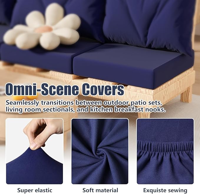 8Pcs Patio Stretch Cushion Covers, Outdoor Couch & Sofa Replacement Slipcovers for Patio Furniture Cushion Covers, Washable Reusable Furniture Protector, Square Large, Navy Blue
