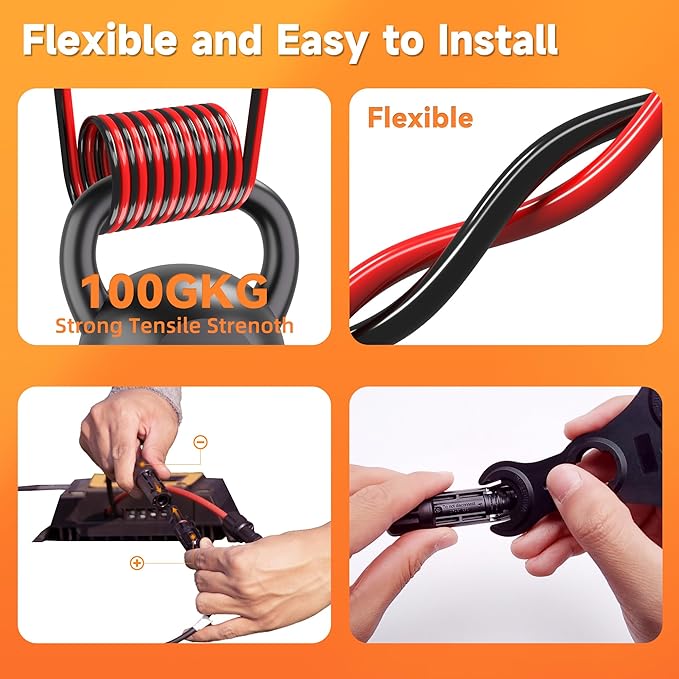 Solar Extension Cable 10 Gauge Panels Wire 6Ft 10AWG (6mm²) PV Wires Tinned Copper Cables with 2 Pairs Solar Connectors for Outdoor Automotive, Marine, (Black&Red)