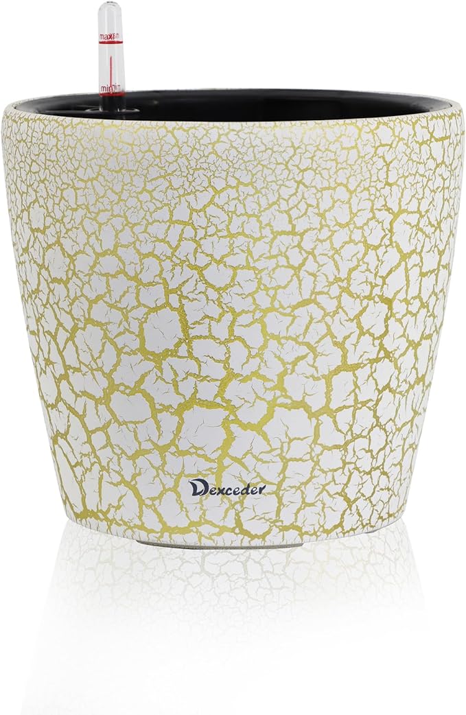 Dexceder 9x8 Self Watering Planter (White Gold Crackle) | Inner Pot Design, Thickened Table Flower Plant Pot with Water Level Indicator Indoor Outdoor