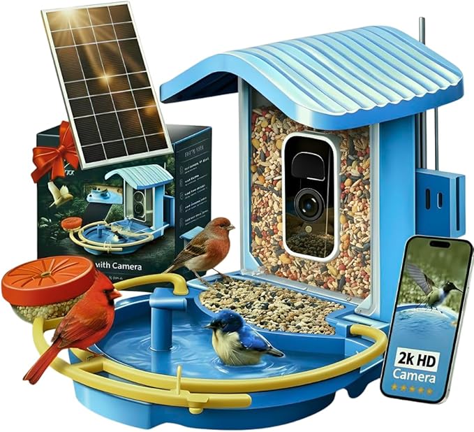 Bird Feeder with Camera, 2K HD Smart Outdoor Bird Feeder, Solar Powered 5200mAh Battery, AI Bird Identification (10,000+ Species), Motion Detection Alerts, Night Vision, Bathing Area, OKAM Pro App