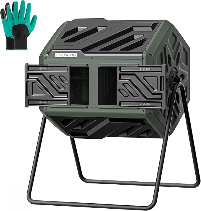 THEGROW'ING 43 Gallon Dual Chamber Compost Bin with Built-in Nuts, Outdoor Rotating Composter Tumbler for Garden Backyard, Green