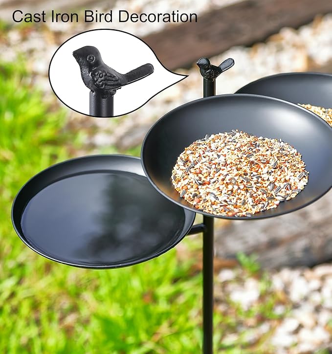 44" H Bird Bath and Feeder for Outside, 3 in 1 Metal Birdbaths for Outdoors, with 4-Prong Stake Base for Outdoors Yard Garden Patio, Black