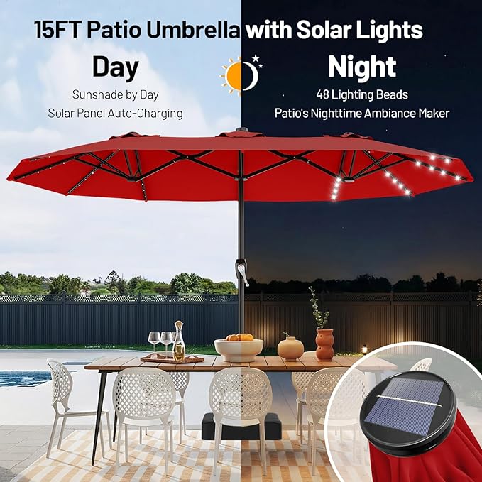 AreShark 15FT Patio Umbrella with Solar Lights, Double Sided Outdoor Table Umbrellas with Crank, Large Rectangular Market Umbrella for Porch, Lawn, Pool, Backyard, Red