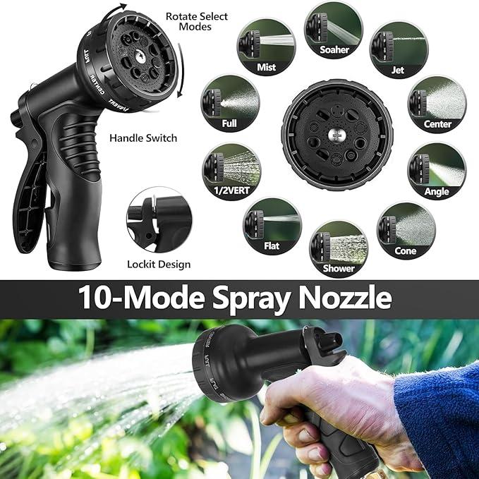 100 ft Garden Hose,Non-Expandable Lightweight All-Weather Water Hoses, Ultra Durable and Flexible Garden Hose with 10-Function Spray Nozzle, Leak-Free Connections Garden Hoses for Yard, Lawn,Outdoor
