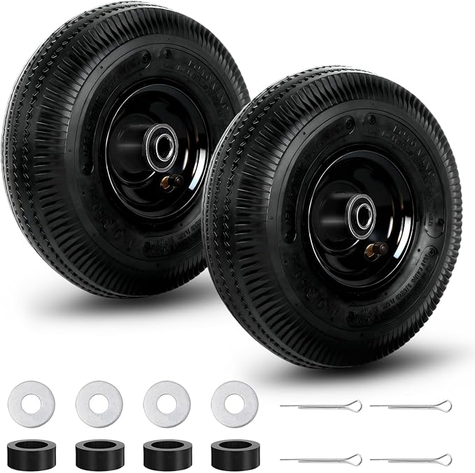 4.10/3.50-4 Pneumatic Wheel, 10 Inch Pneumatic Tires and Wheels Replacement with 5/8'' Bearings, 2.2" Offset Hub for Garden Cart, Hand Truck, Lawn Cart, Dolly, Mower (2 PACK)