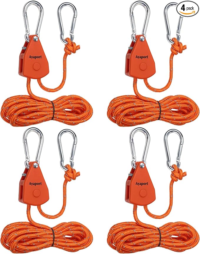 Ayaport Adjustable Rope Hanger Grow Light Hanger, 8Ft 1/8" Heavy Duty Plant Pulley Rope Tightener Ratchet Tie Down for Kayak, Tarp, Tent Tie Downs, Hanging Plants, Filters, Fans