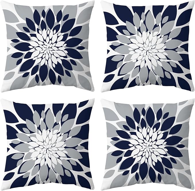 Qahing Pack of 4 Outdoor Waterproof Pillow Covers 16x16 Decorative Outdoor Throw Pillows Garden Square Cushion Cases for Patio Furniture, Couch, Tent Sunbrella, Bench, Navy Blue Grey