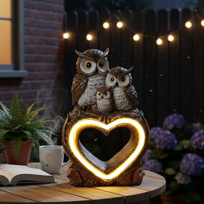 Solar Garden Decor Statues 7" Resin Solar Owl Waterproof Garden Owl Decor for Outside Yard Patio Porch Decoration Gift for Mom Grandma