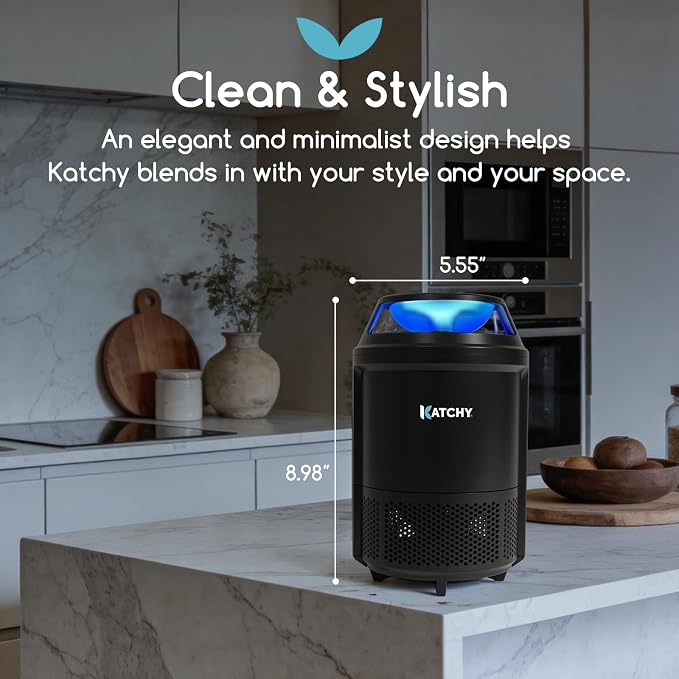 Katchy Indoor Flying Insect Trap – Catcher & Killer for Mosquitoes, Fruit Flies, Gnats & Moths – Non-Zapper with Suction & Blue Light – Ideal for Indoor Spaces, Kitchens & Plants (Original, Black)