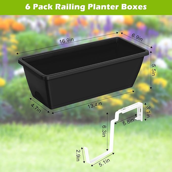 OYEAL 6 Pack Railing Planter Boxes with Adjustable Brackets Outdoor Hanging Window Boxes Planters Deck Railing Planter Boxes with Drainage Holes for Fence, Garden, Balcony, Patio, Black & White