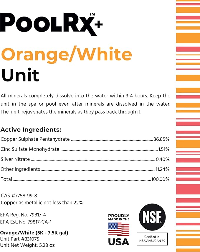 PoolRx+ Mineral Algaecide Unit, up to 6-Month Algae Control, for 5K-7.5K gallons, Orange & White, New Formula with Silver.