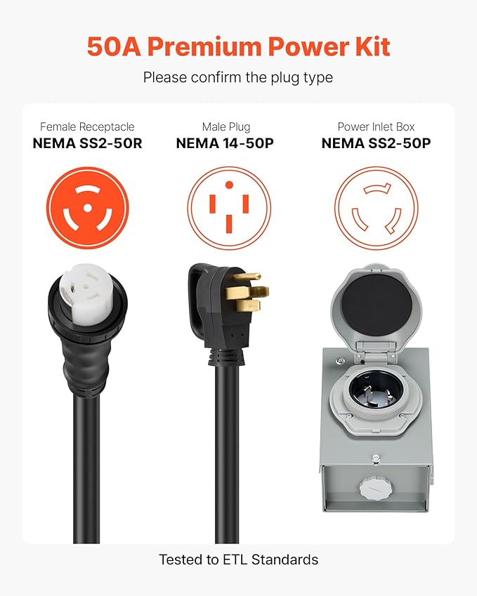 VEVOR 50 Amp Generator Cord and Power Inlet Box, 30FT, 125V/250V STW 6/3 + 8/1 AWG Extension Power Cord, NEMA 14-50P to SS2-50R, Twist Lock Connector, Inlet Box Kit, for Generator to House, ETL Listed
