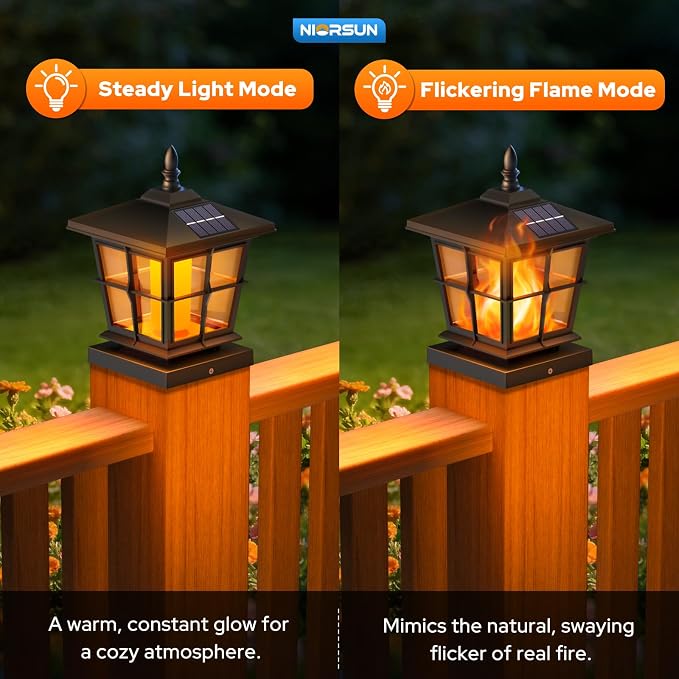 NIORSUN Solar Post Lights Outdoor, Fence Post Solar Lights with Flickering Flame Light, Waterproof, Garden Patio Fence Deck Decor, 4x4 Posts Caps, 4x4, 5x5 Wooden & Vinyl (6 Pack, Black)