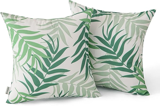 MIULEE Pack of 2 Decorative Outdoor Waterproof Spring Throw Pillow Covers Patio Pillow Cases Natural Leaves Pattern Square Cushion Shams Shell for Garden Balcony Couch 18x18 Inch, Sage Green