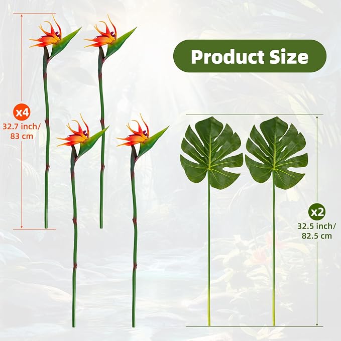 6 Pcs 32.7inch Artificial Birds of Paradise Plant Faux Birds of Paradise Stems Long Stem for Wedding Home Party Hotel Table Centerpiece Vases Indoor Outdoor Decor(Orange)