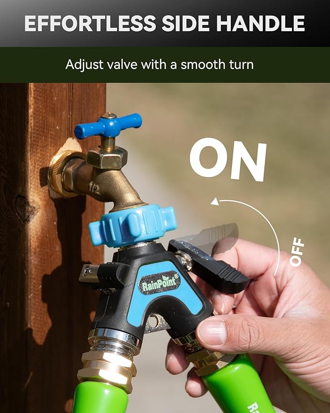 RAINPOINT Garden Hose Splitter 2 Way, All Metal Heavy Duty Water Hose Y Splitter With 2.05" Extra Long Side Handle & Shut Off Valves, 3/4 Inch GHT Thread Connector For Outdoor Spigot Faucet (Blue,2)