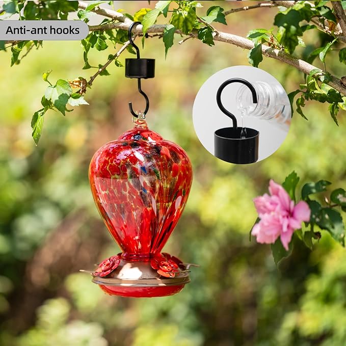 Gifts for Mom 34OZ Hand Blown Glass Hummingbird Feeders for Outdoors Hanging, with Ant Moat Humming Bird Feeders, Porch Backyard Decor Gifts for Women (Floral Balloon) | LaElvish Garden Gifts for Mom 34OZ Hand Blown Glass Hummingbird Feeders for Outdoo...