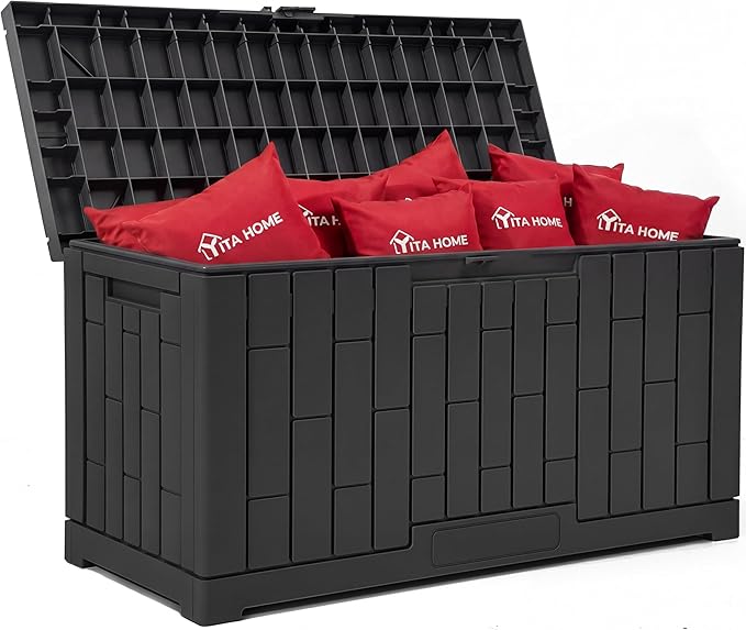 YITAHOME 60 Gallon Outdoor Storage Box, Large Water Resistant Resin Deck Box with Slide-Locking, Indoor Outdoor Bamboo-Textured Storage Container for Patio, Garden, Cushions, Tools, Equipment (Black)