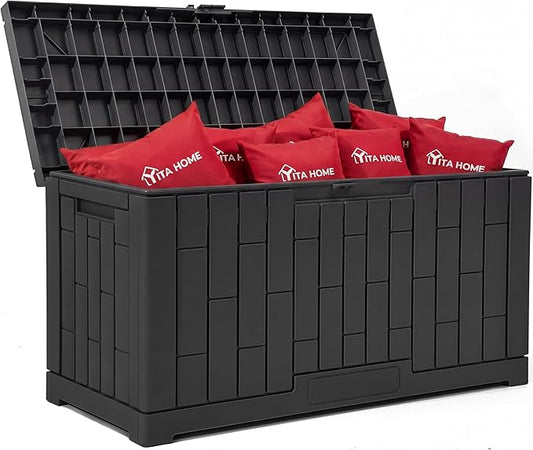 YITAHOME 60 Gallon Outdoor Storage Box, Large Water Resistant Resin Deck Box with Slide-Locking, Indoor Outdoor Bamboo-Textured Storage Container for Patio, Garden, Cushions, Tools, Equipment (Black)