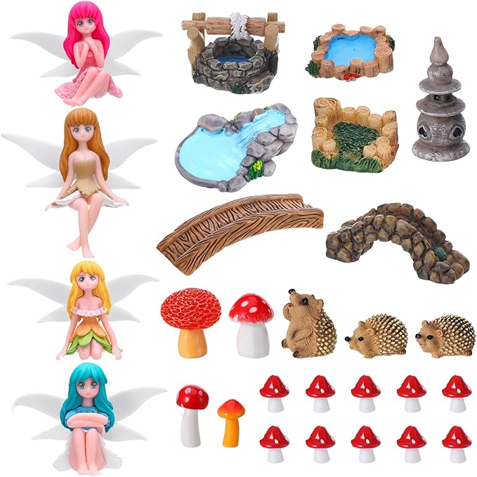 28Pcs Fairy Garden Accessories, Miniature Garden Ornaments Landscape Decorations Mini Fairy Figures Animal Plant Set for Outdoor DIY Terrarium Potted Plants Dollhouse Desk Decor