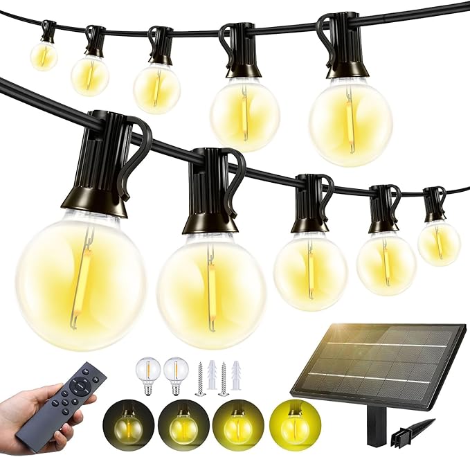 150FT Solar Lights Outdoor Waterproof: G40 45M Shatterproof Bulbs Patio Lights - Solar Powered Remote Control 3 Light Modes Dimmable Solar Light - Camping Backyard Garden Deck Outside Yard