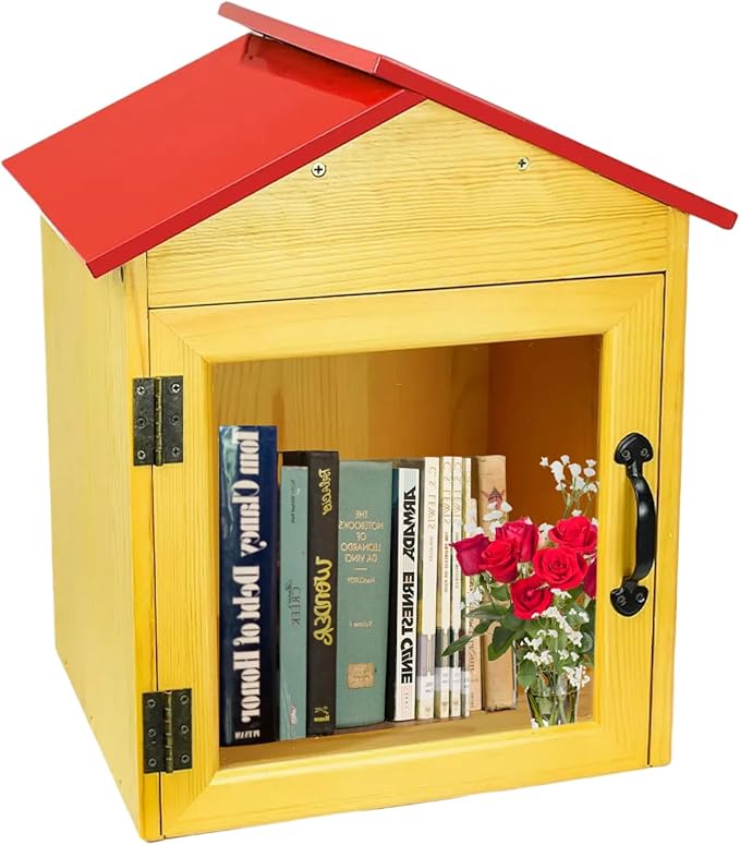 Outdoor Library Book Box Storage, Red Wooden Cabinet Little Literature Box for Neighborhoods Community and Schools Sharing Books, Newspapers, Flyers, Food and Art