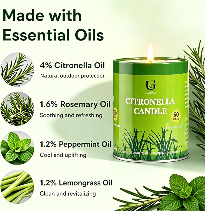 Citronella Candles Outdoor, Natural Soy Wax Outdoor Candles for Patio Backyard Garden Camping, Citronella Essential Oil Blend with Rosemary Peppermint & Lemongrass, 50 Hour Burn Time, 2 Pack 9oz