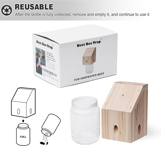 Carpenter Bee Trap for Outside - Shed Style Nature Hanging Wood Trap for Outdoor with Removable Bee Vault Plastic Jar (1 Pack)