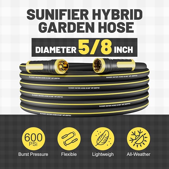 Hybrid Rubber Garden Hose 5/8 Inch, 15 ft Heavy Duty Kink-Free Water Hose, 3-Layer Reinforced, 600 PSI Burst Pressure, Water Safe, All-Weather Flexible Hoses for Yard, Lawn (Black,15 ft)