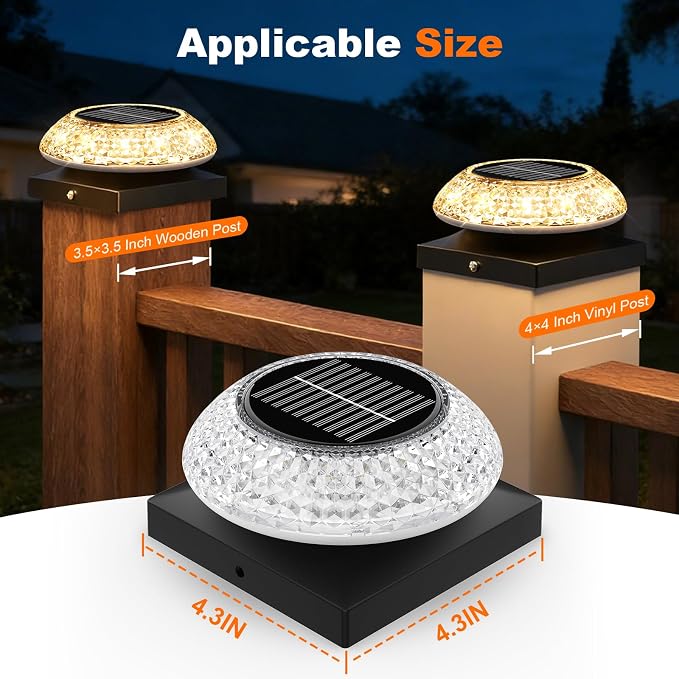4x4 Solar Post Cap Lights 4 Pack: Fence Post Solar Lights with 3 Lighting Modes & Round Lampshade - Waterproof Outdoor Deck Post Light for Garden/Patio/Porch(Black)
