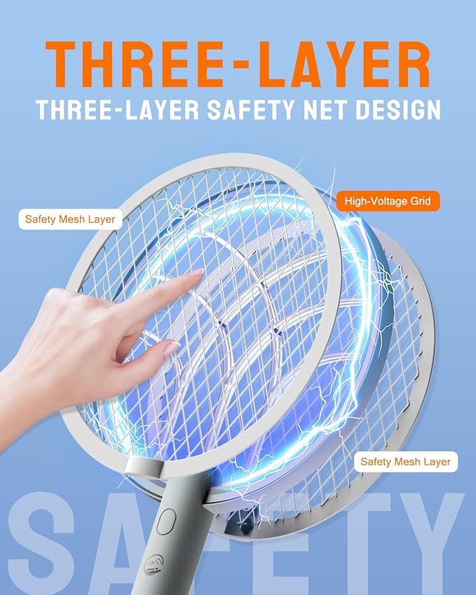 Mosiller Electric Fly Swatter Racket, 4000V Bug Zapper with 1800mah Rechargeable Battery & Dual Modes, 2 in 1 Purple Mosquito Light Killer with 3-Layer Safety Mesh for Indoor Home Patio Camp(1 Pack)