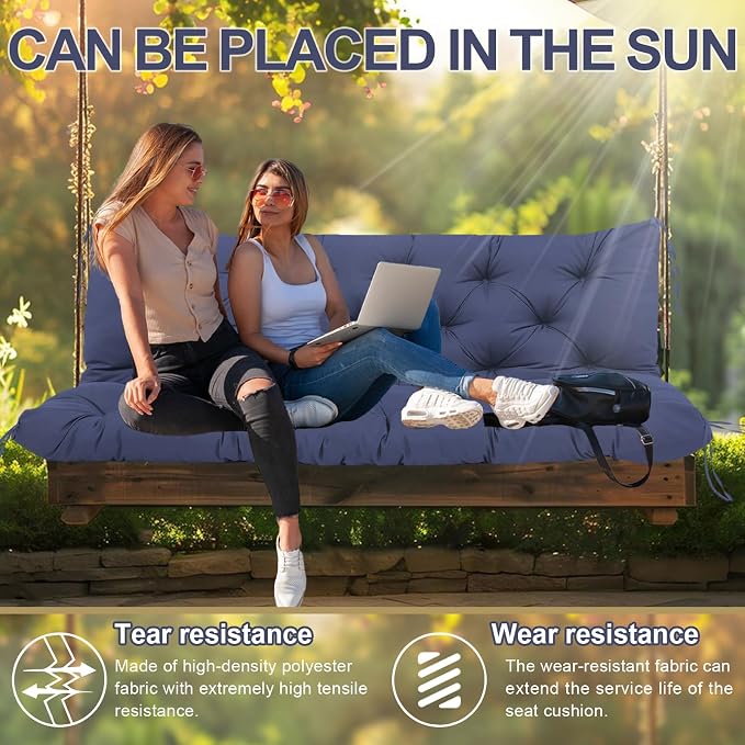 Extra Thick 5" Waterproof Porch Swing Cushions Outdoor 60 inch Swing Cushions 3 Seater Replacement with Backrest and Ties for Outdoor Furniture Patio Bench Garden(Navy Blue)