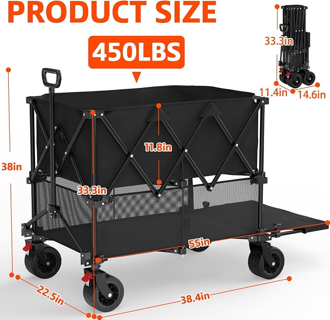 400L Large Double Decker Wagon Collapsible, 450lbs Beach Wagons Carts Foldable Heavy Duty, 55" Extended Utility Folding Cart for Camping, Garden, Sports, Grocery, Shopping
