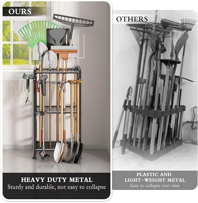 CICUFY Garden Tool Organizer Storage Metal Yard Tool Organizer Heavy Duty Garden Tool Rack Stand with Extra Hooks, Up To 35 Long Handled Shovels/Rakes/Brooms Holder for Garage,Shed,Outdoor(Black)