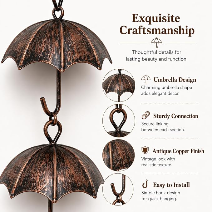 Umbrella Rain Chain, 102 Inch Metal Rain Chains for Gutters Downspouts Outside, Decorative Copper Finish Gutter Downspout Replacement, Outdoor Hanging Rainwater Chain for Porch Patio Garden Yard